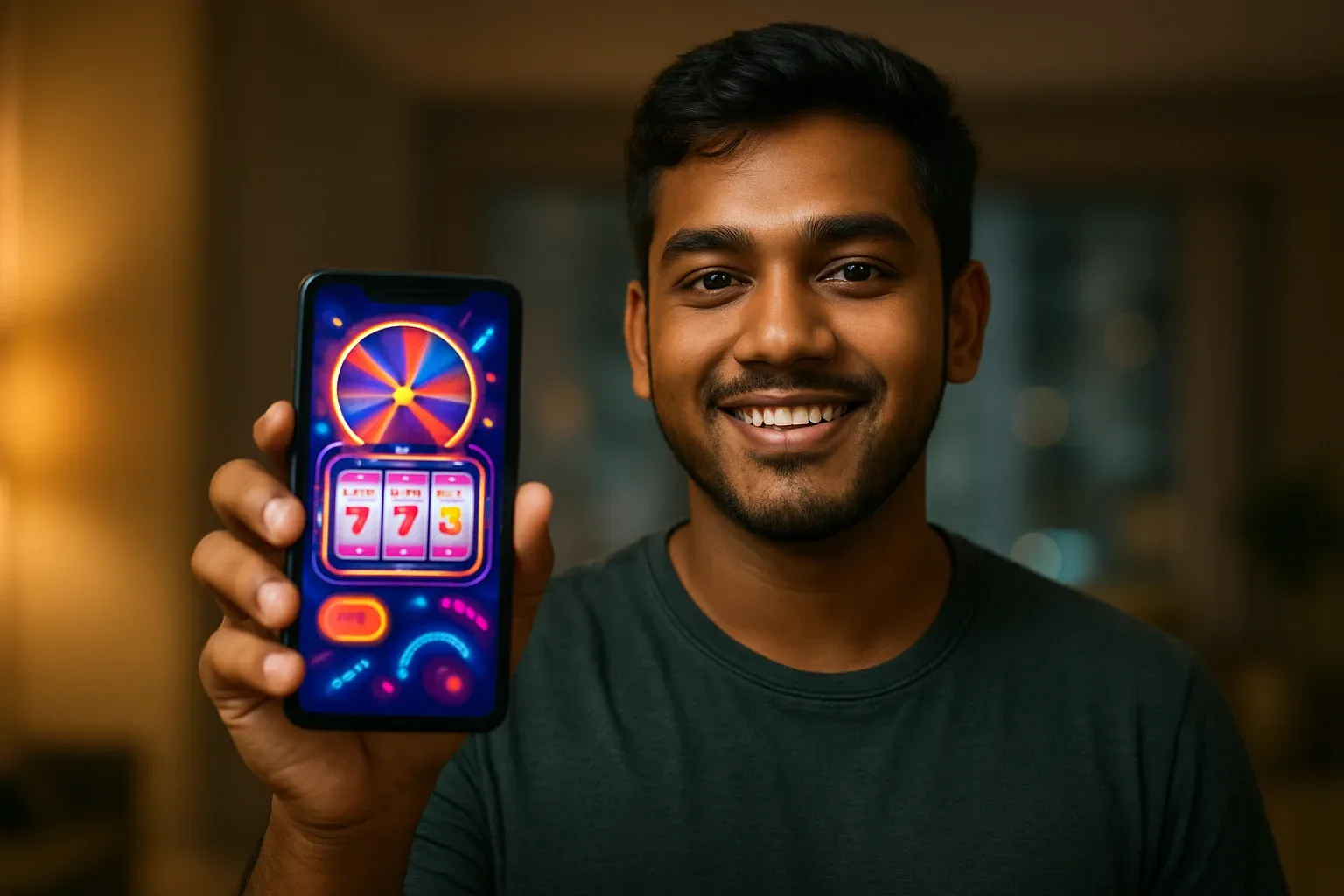 Young Bangladeshi man holding smartphone showing colorful casino app interface