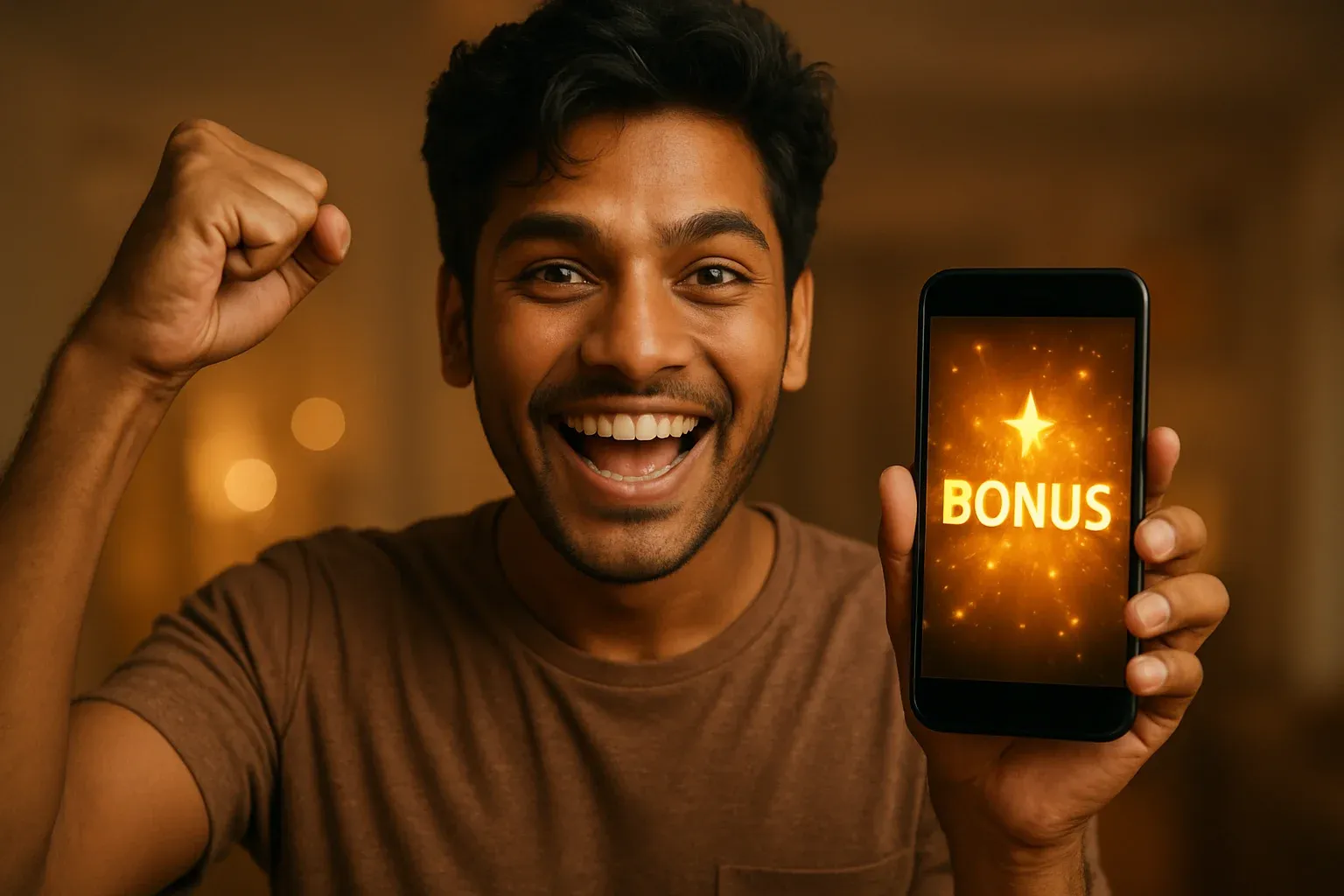 Joyful Bangladeshi man holding smartphone with glowing bonus notification screen