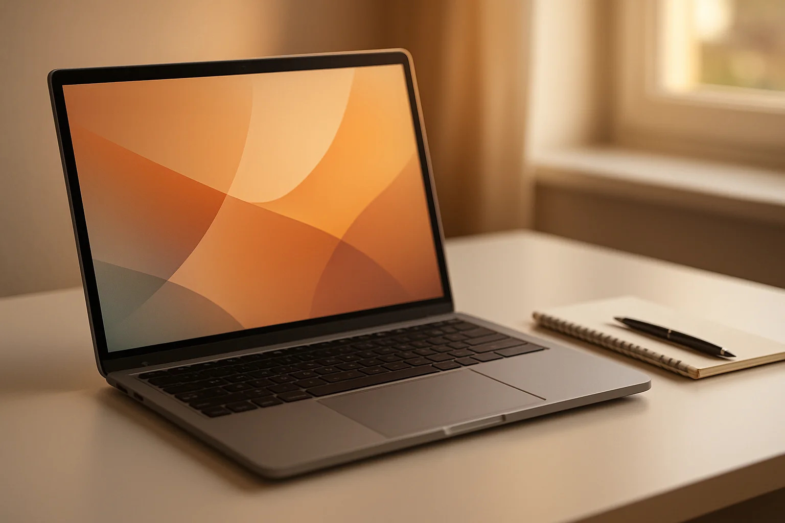 Modern laptop on white desk with pen and notepad
