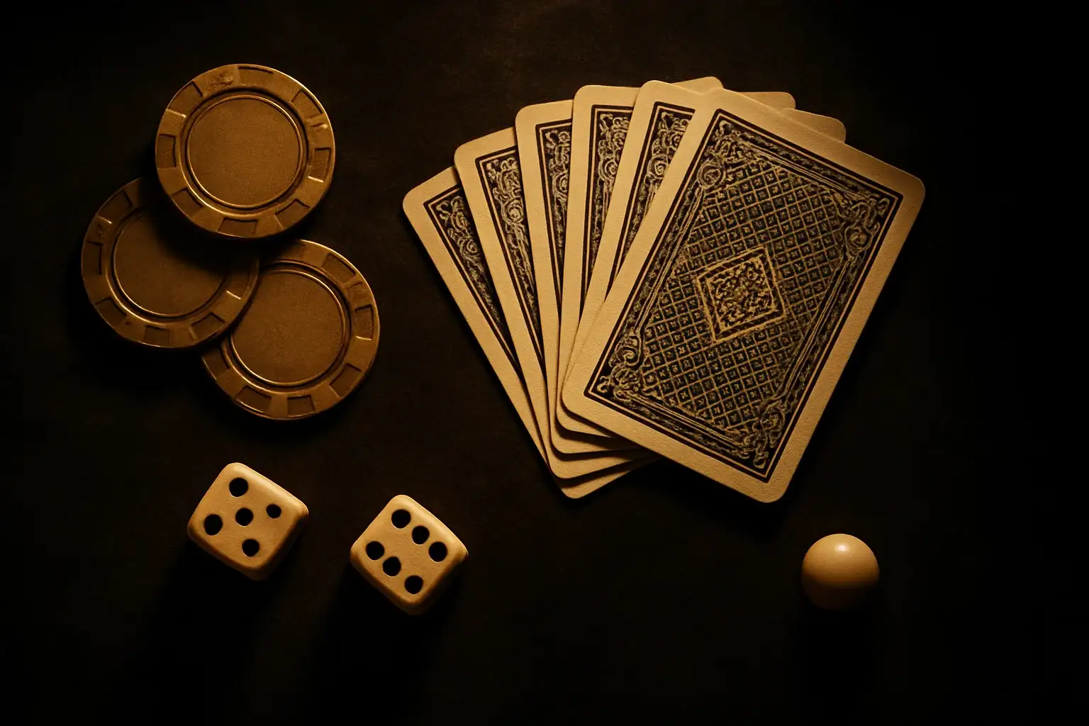 Golden casino chips, cards, dice, and roulette ball on dark velvet
