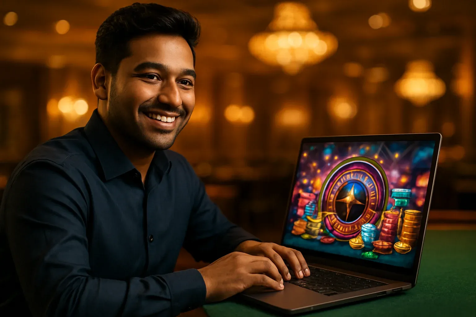 Cheerful Bangladeshi man with open laptop at premium casino lounge