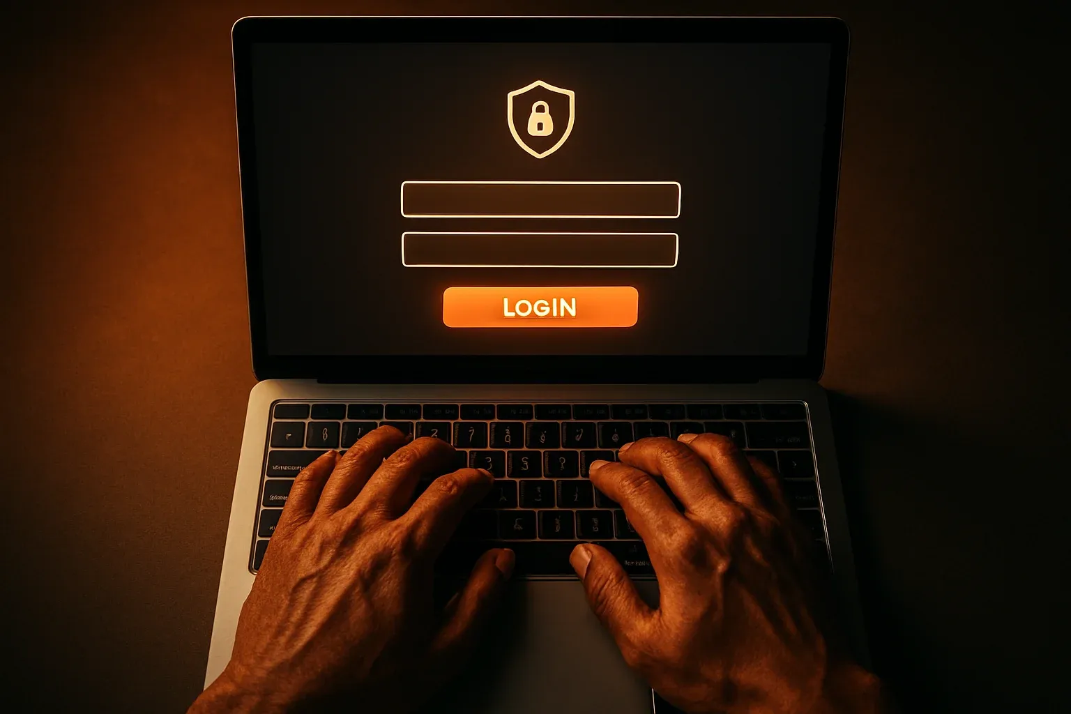 Bangladeshi man's hands on laptop showing stylized login form screen