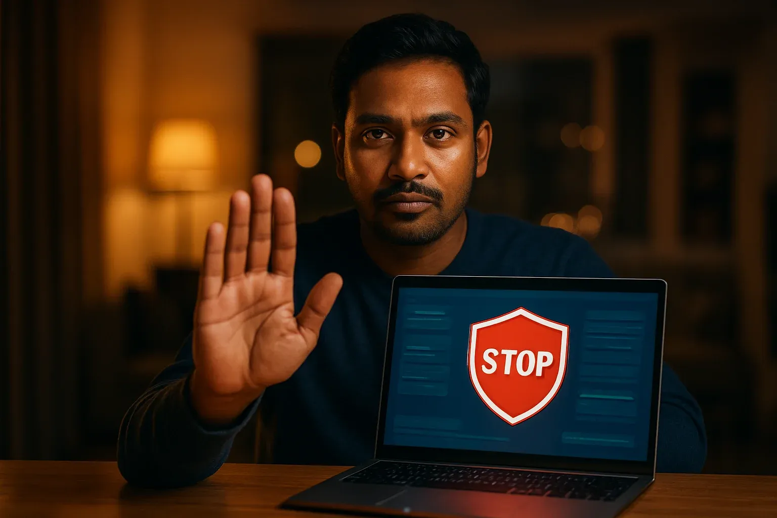 Bangladeshi man shows stop gesture beside laptop with responsible gambling screen
