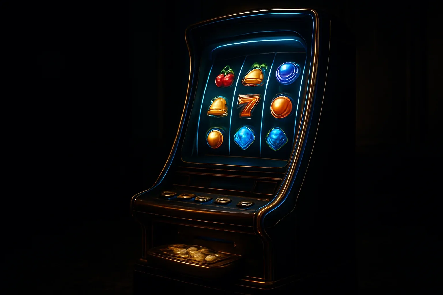 Hyperrealistic premium slot machine with glowing reels in a dark luxury casino